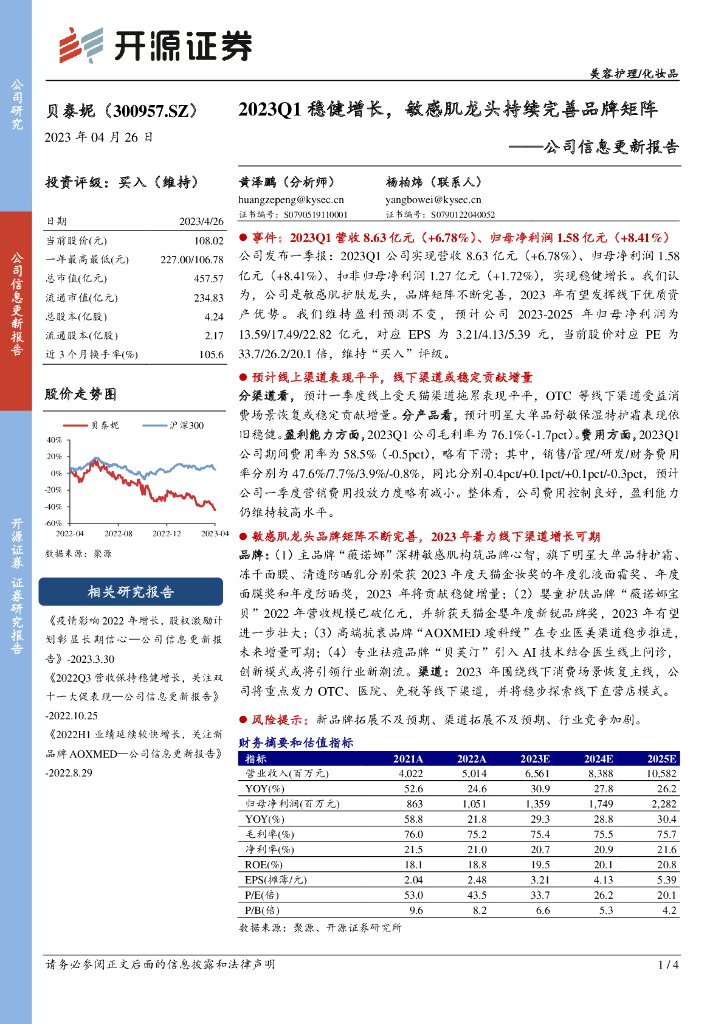 开源证券：贝泰妮（300957）-公司信息更新报告：2023Q1稳健增长，敏感肌龙头持续完善品牌矩阵