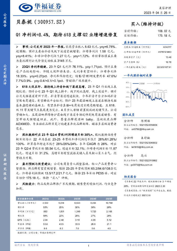 华福证券：贝泰妮（300957）-Q1净利润+8.4%，期待618支撑Q2业绩增速修复