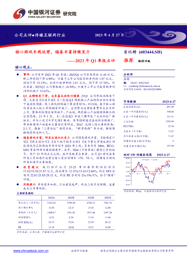 中国银河：吉比特（603444）-2023年Q1季报点评：核心游戏长线运营，储备丰富持续发力