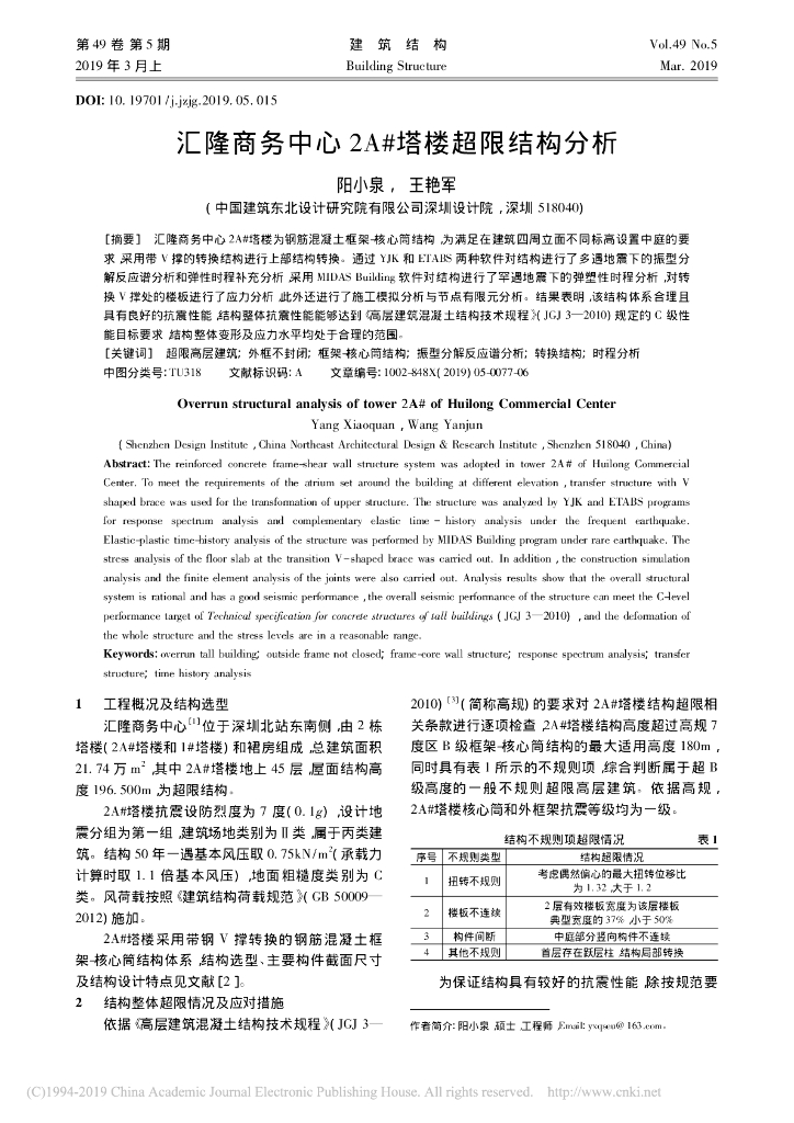 汇隆商务中心2A#塔楼超限结构分析