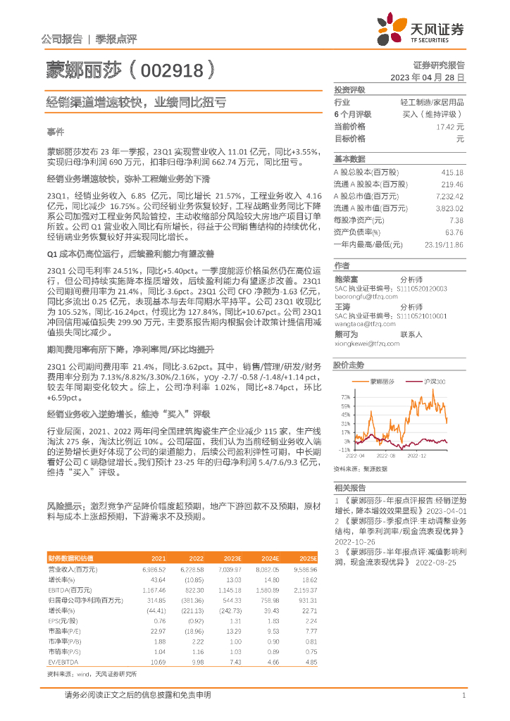天风证券：蒙娜丽莎（002918）-经销渠道增速较快，业绩同比扭亏