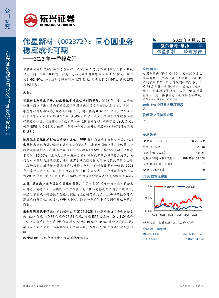 东兴证券：伟星新材（002372）-2023年一季报点评：同心圆业务稳定成长可期