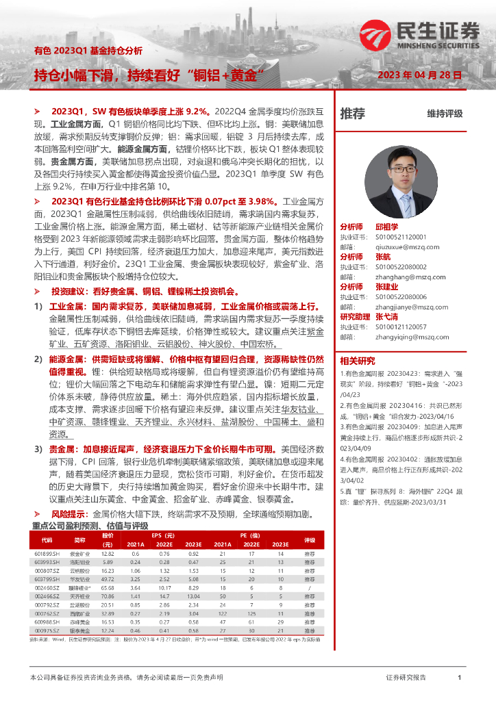 民生证券：有色2023Q1基金持仓分析：持仓小幅下滑，持续看好“铜铝+黄金”