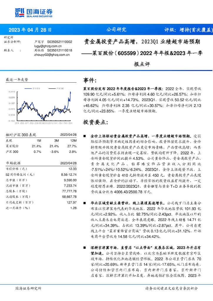国海证券：菜百股份（605599）-2022年年报&2023年一季报点评：贵金属投资产品高增，2023Q1业绩超市场预期