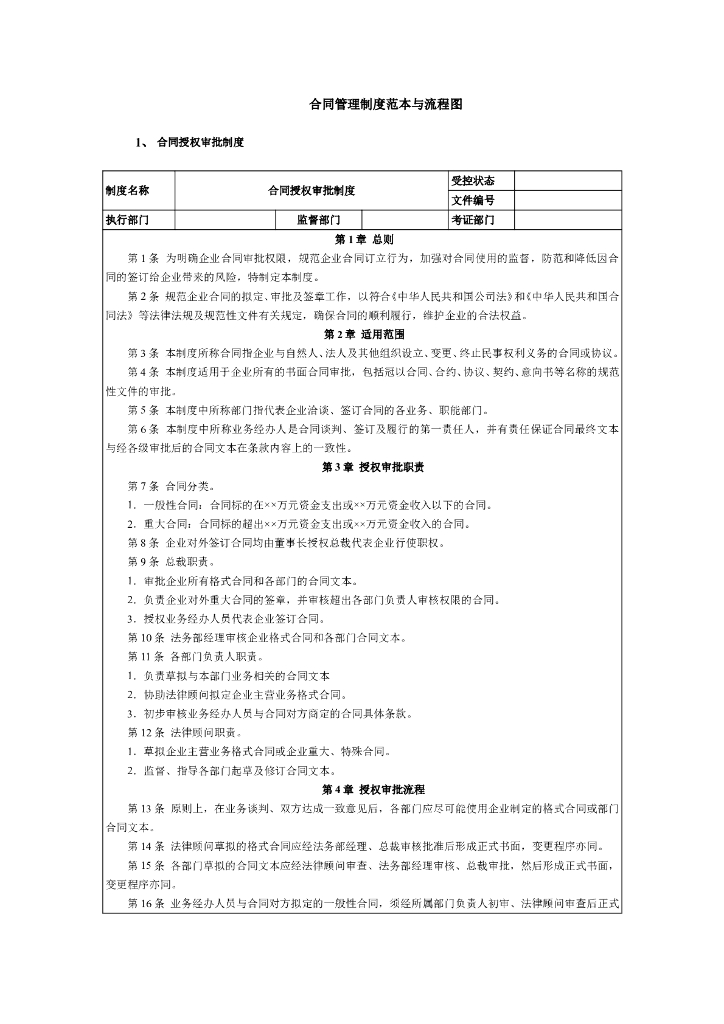 合同管理制度范本与流程图及内控体系表