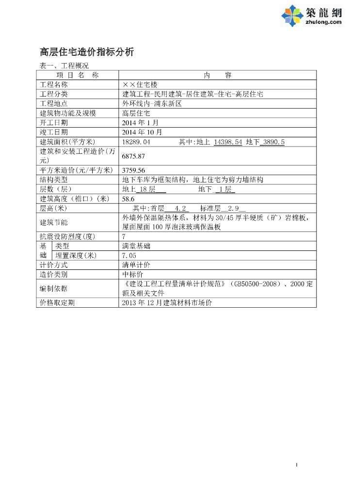 高层住宅、商业办公楼、基坑造价指标分析