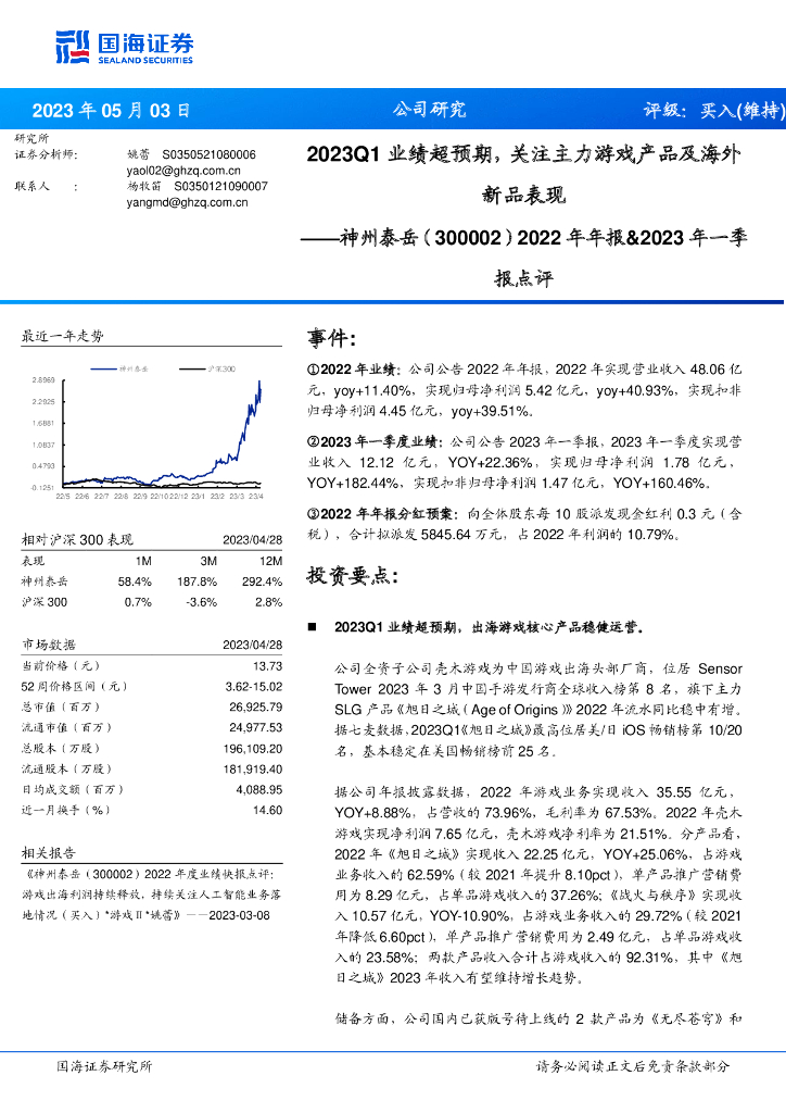 国海证券：神州泰岳（300002）-2022年年报&2023年一季报点评：2023Q1业绩超预期，关注主力游戏产品及海外新品表现