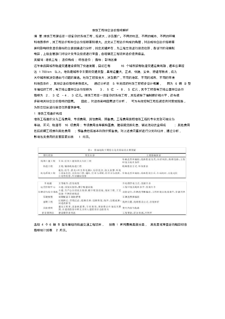 地铁工程综合造价指标解析