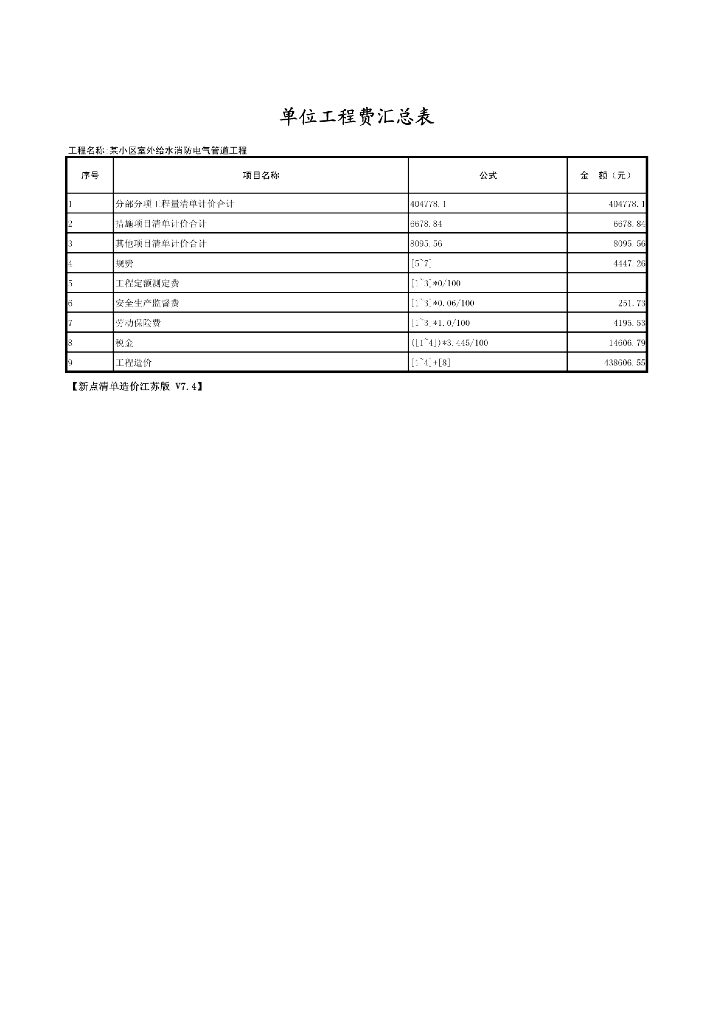 小区室外给水消防电气管道工程预算书
