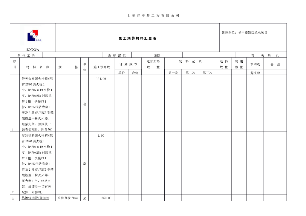 消防设备安装工程预算表