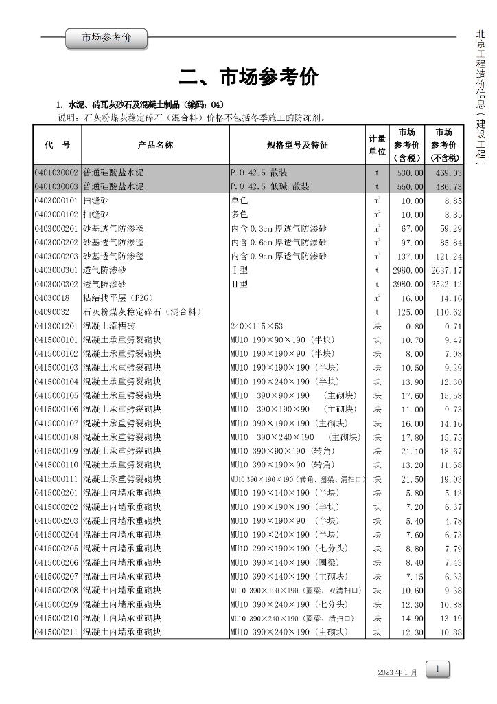 2023年1月北京市工程造价市场参考价文件
