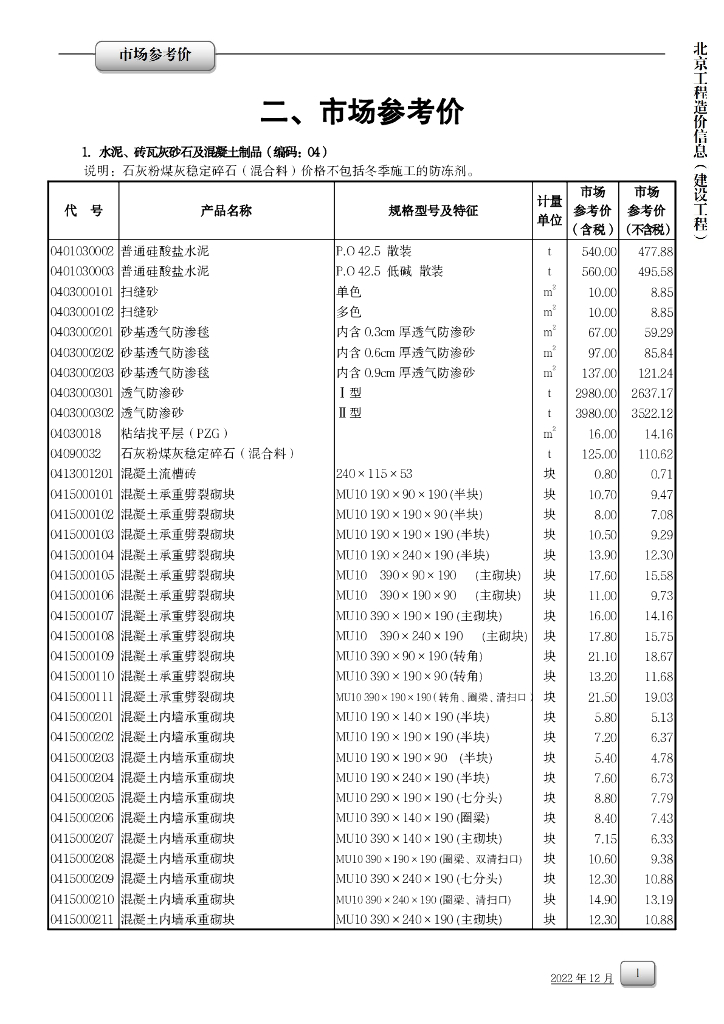 2022年12月北京市工程造价市场参考价文件