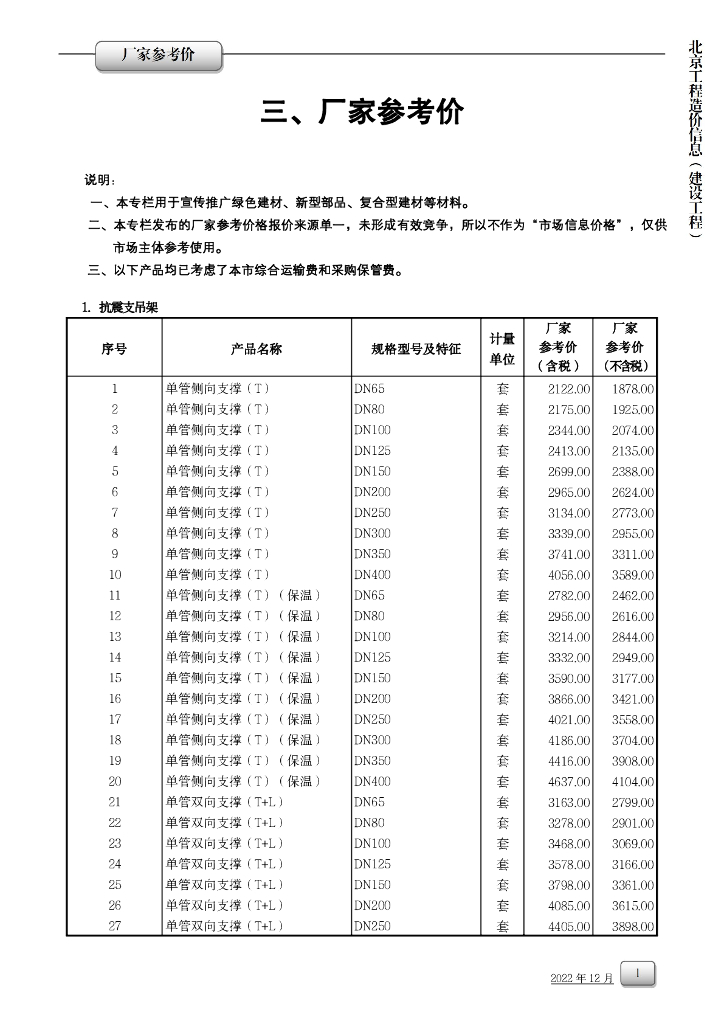 2022年12月北京市工程造价厂家参考价文件