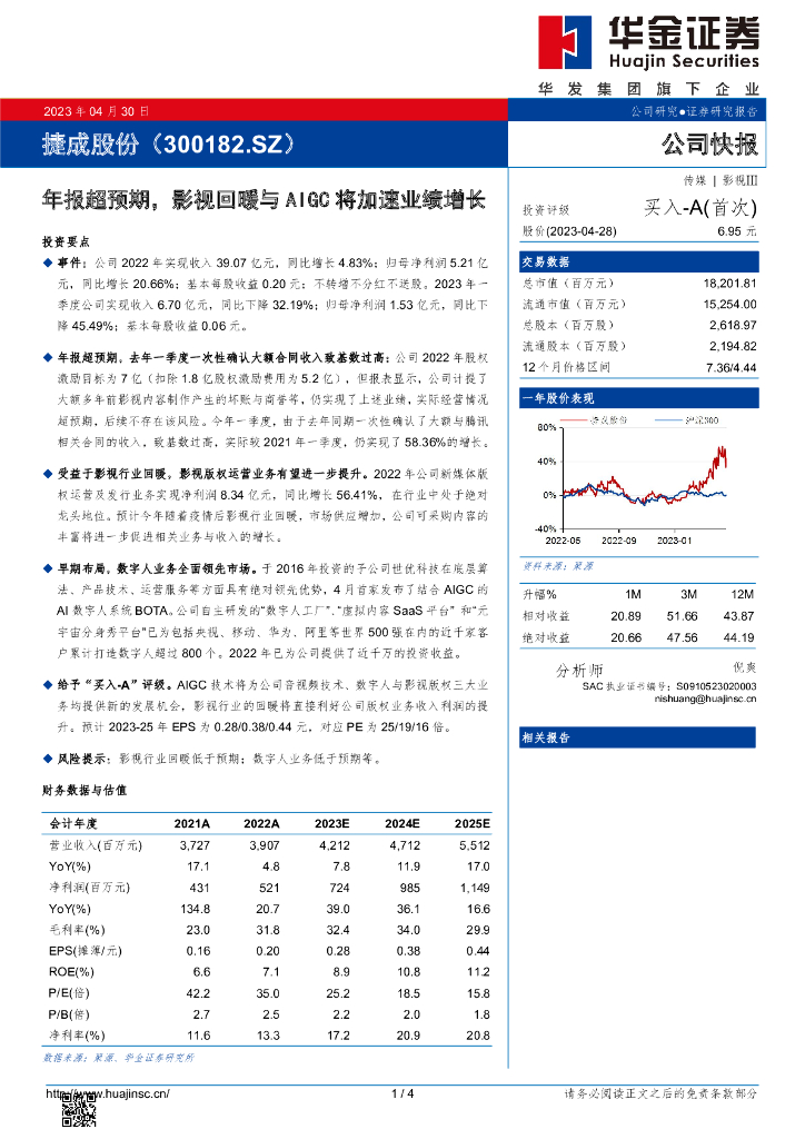 华金证券：捷成股份（300182）-年报超预期，影视回暖与AIGC将加速业绩增长