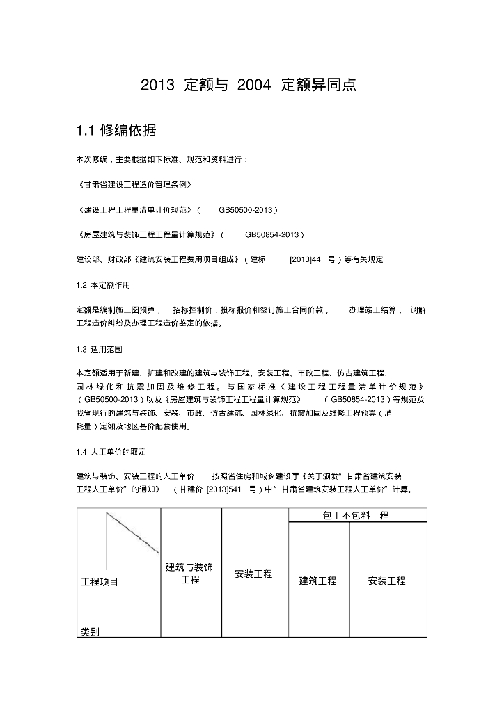 甘肃2013定额与2004定额异同点
