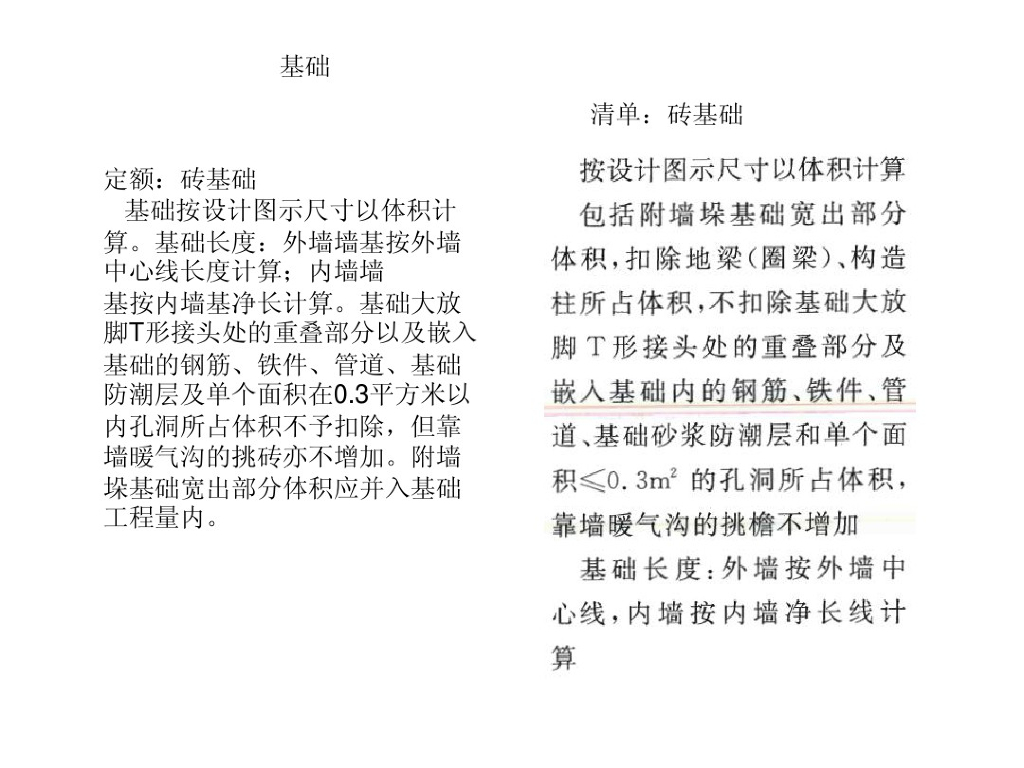 清单定额计算规则对照