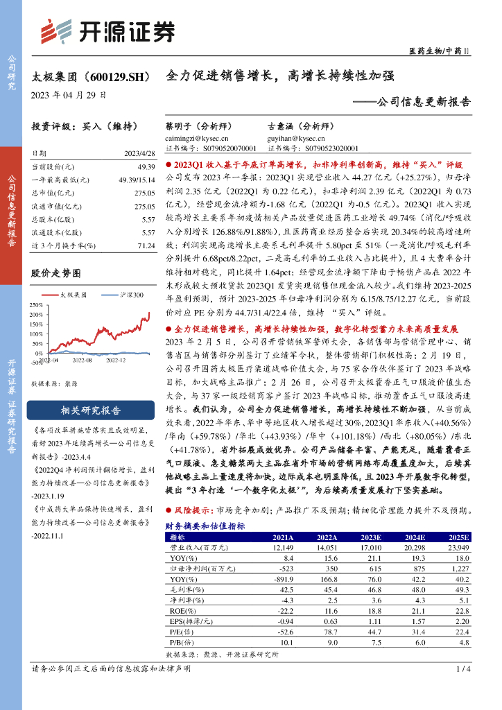 开源证券：太极集团（600129）-公司信息更新报告：全力促进销售增长，高增长持续性加强 海报