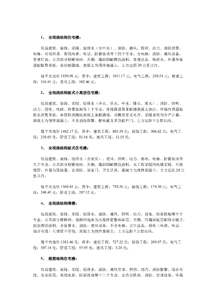 建设工程单方造价指标汇总