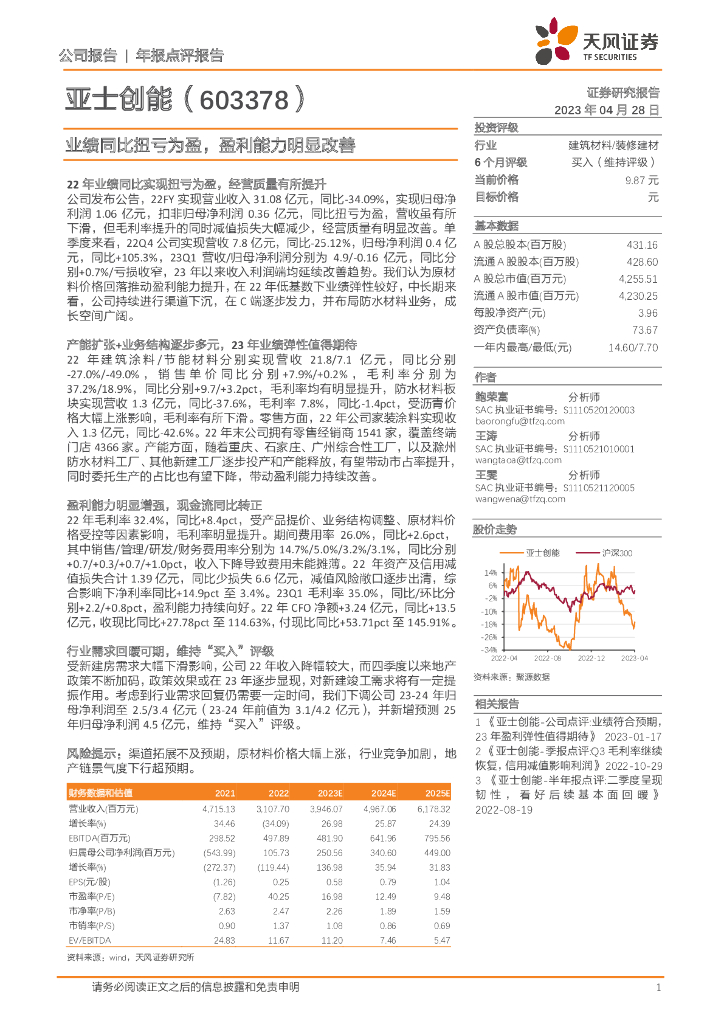 天风证券：亚士创能（603378）-业绩同比扭亏为盈，盈利能力明显改善