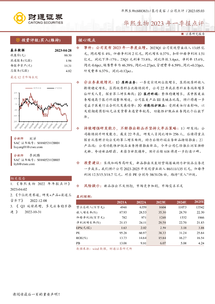 财通证券：华熙生物2023年一季报点评