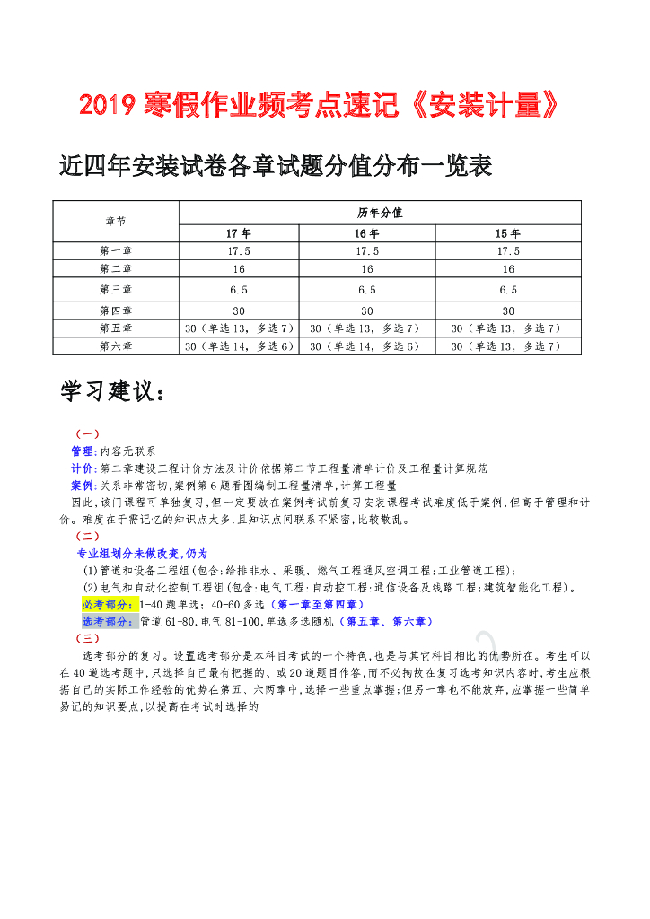[安装]2019年一级造价师 高频考点 强化练