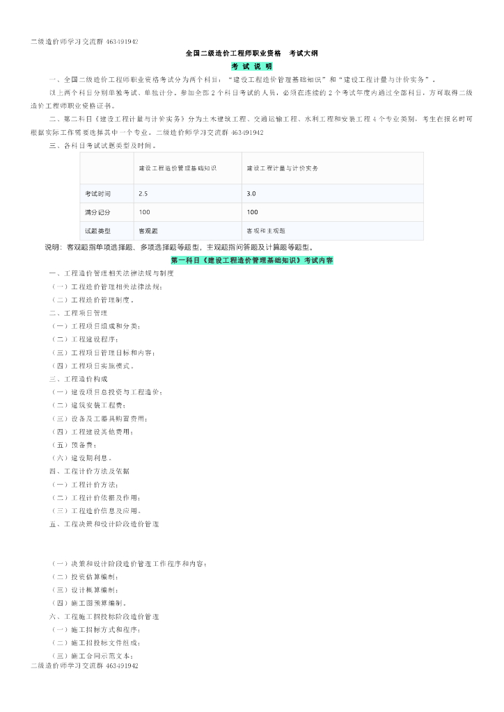 2019年二级造价师考试大纲