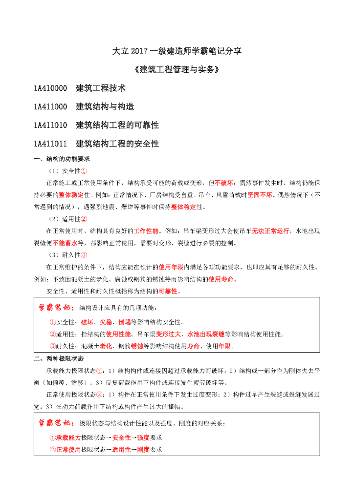 2017年注册一级建造师学霸笔记《建设工程管理与实务》