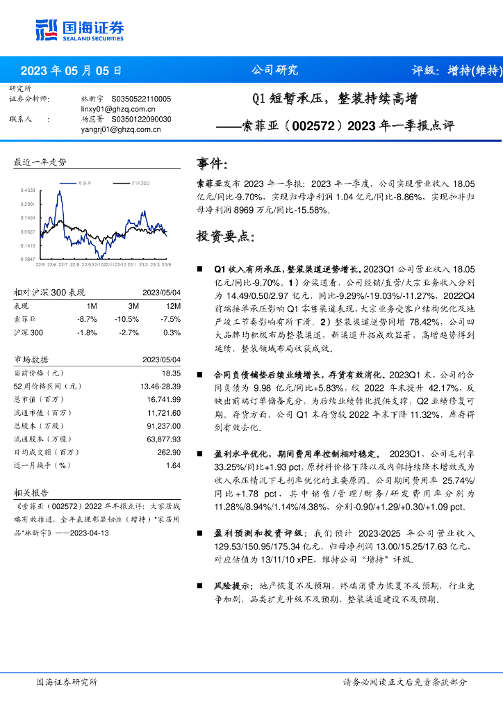 国海证券：索菲亚（002572）-2023年一季报点评：Q1短暂承压，整装持续高增