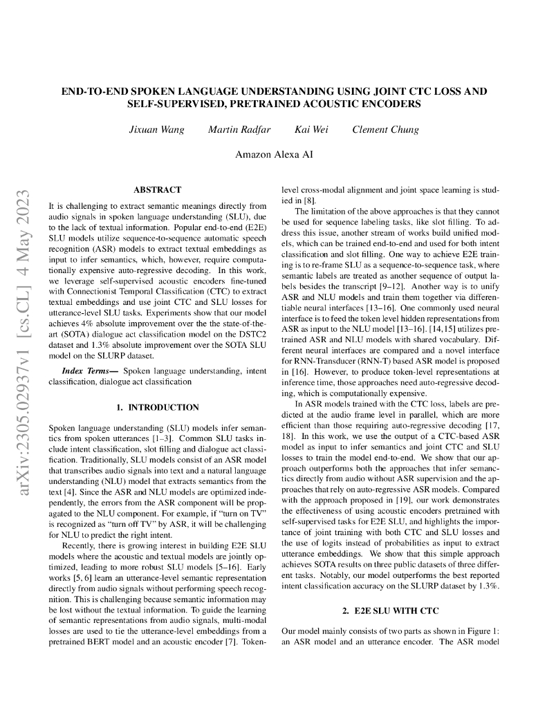 联合 CTC 损失和自监督预训练声学编码器的端到端口语理解（英文版）