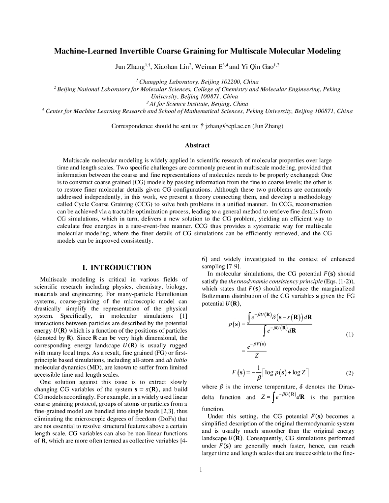 基于机器学习的可逆粗粒化方法用于多尺度分子模拟【英文版】