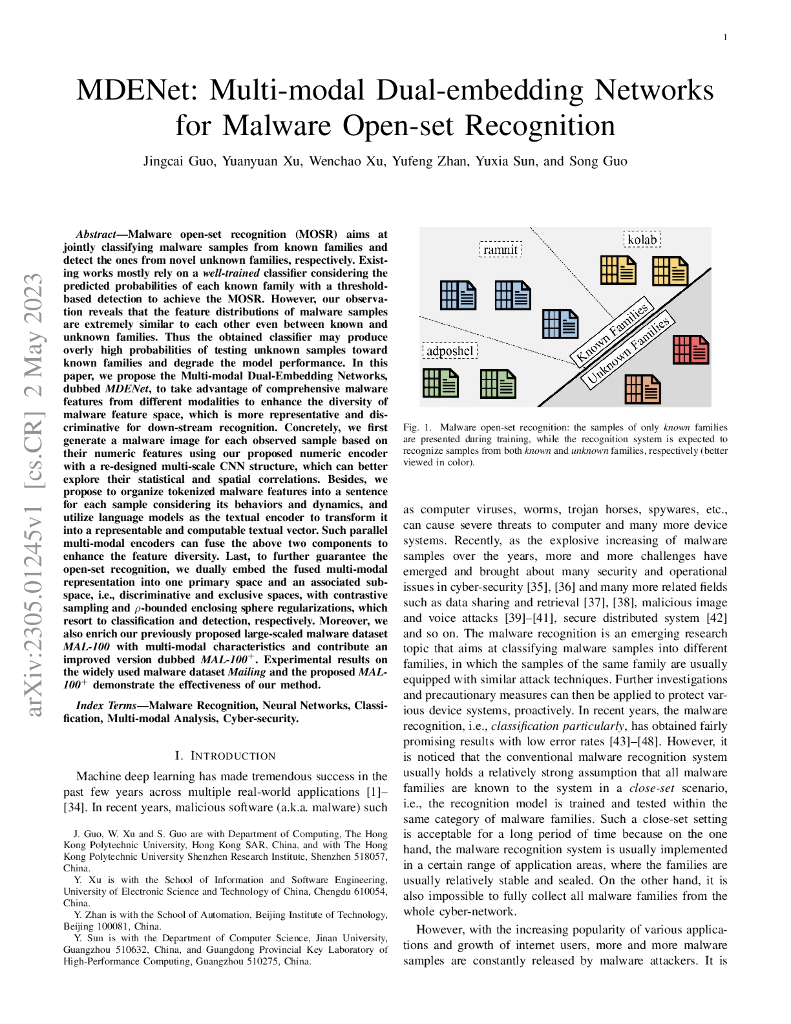 MDENet：用于恶意软件开放集识别的多模态双嵌入网络【英文版】