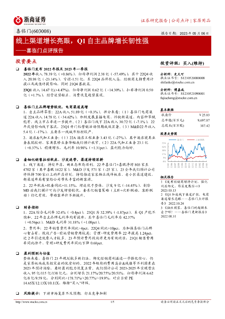 浙商证券：喜临门点评报告：线上渠道增长亮眼，Q1自主品牌增长韧性强