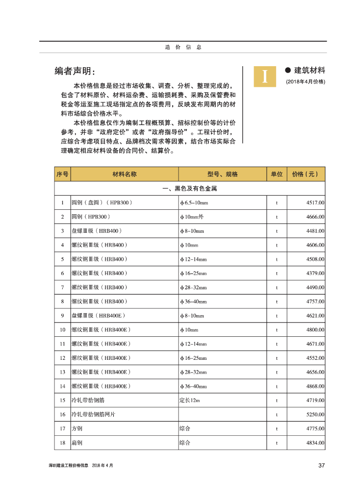 《深圳建设工程价格信息》2018年4月造价信息
