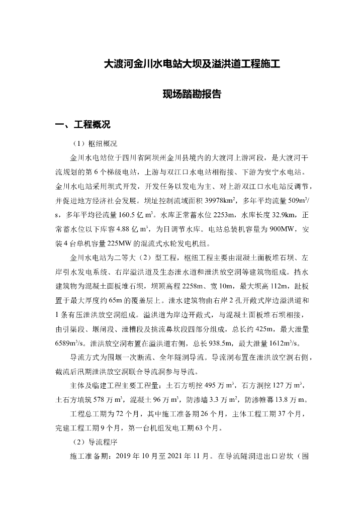 某水电站大坝及溢洪道工程施工现场踏勘报告