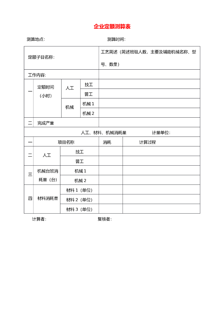 企业定额测算表