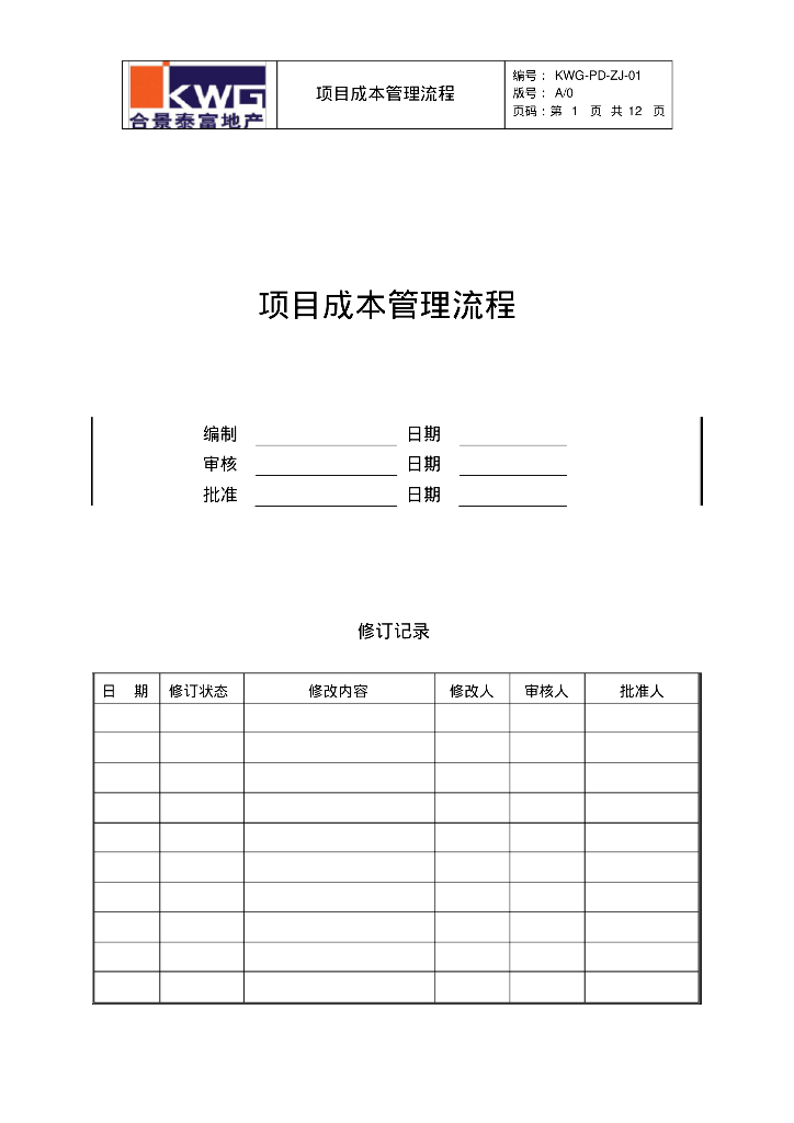 知名企业项目成本管理流程模板参考
