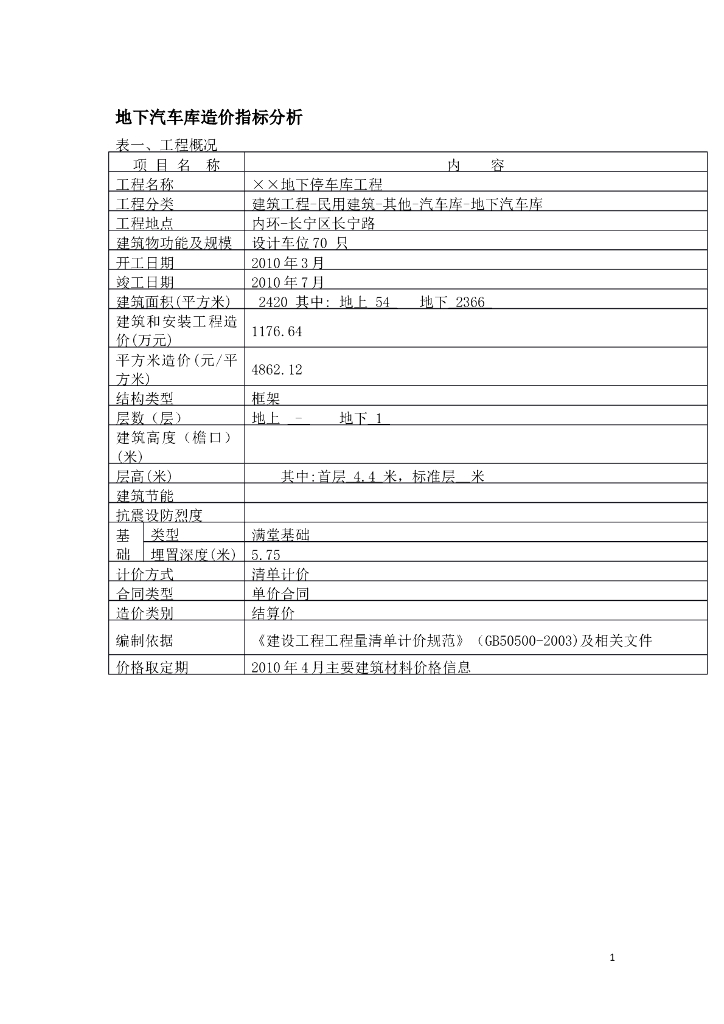 地下车库造价指标分析