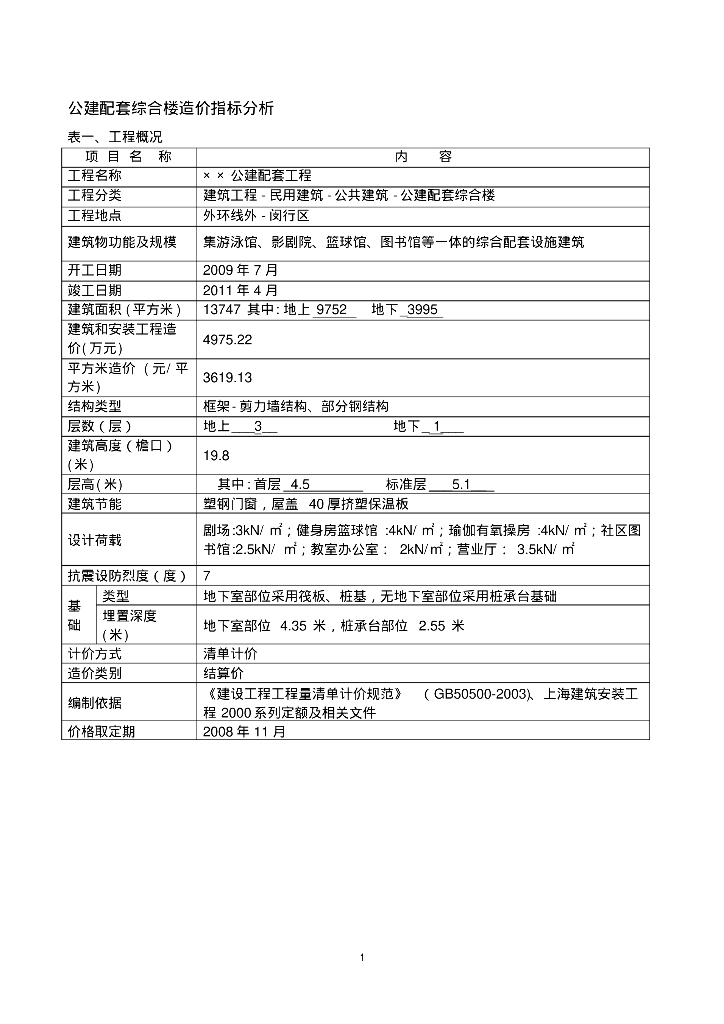 公建配套综合楼造价指标分析