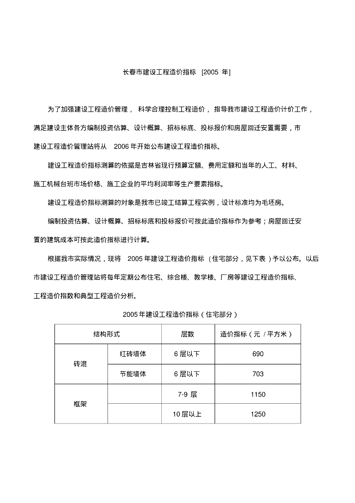 2005-2014长春市建安成本汇总对比参考