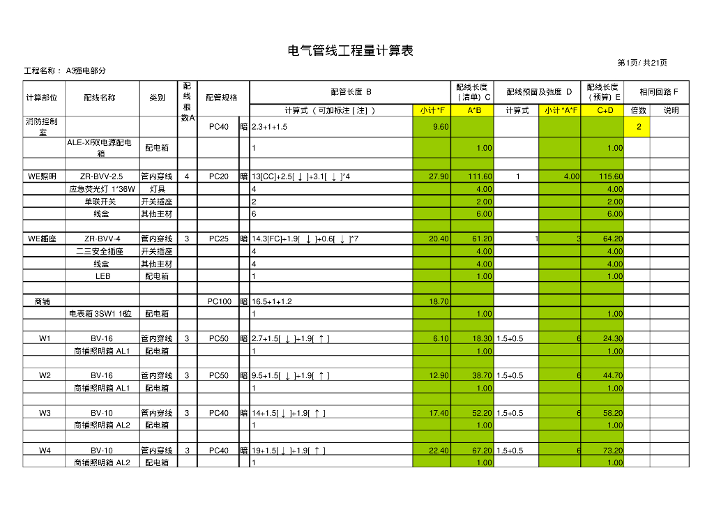 电气工程量计算表5.0