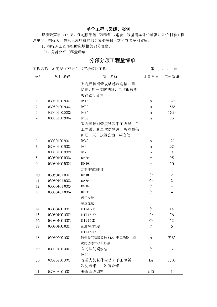 水暖清单计价实例表格