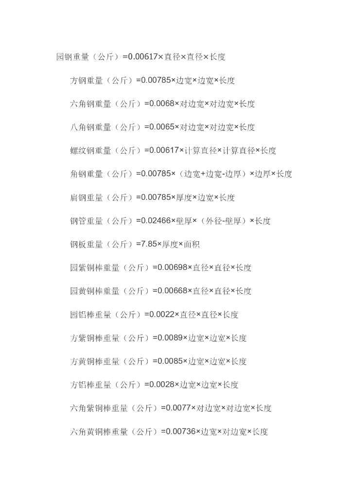 常用金属材料重量计算公式