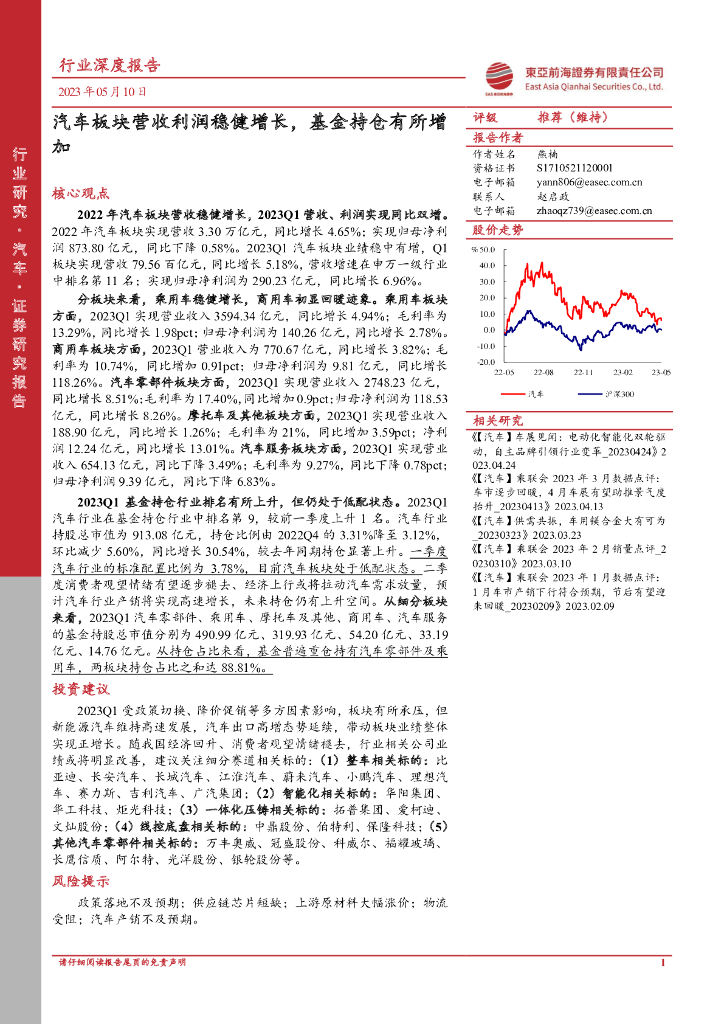 东亚前海证券：汽车行业深度报告：汽车板块营收利润稳健增长，基金持仓有所增加 海报