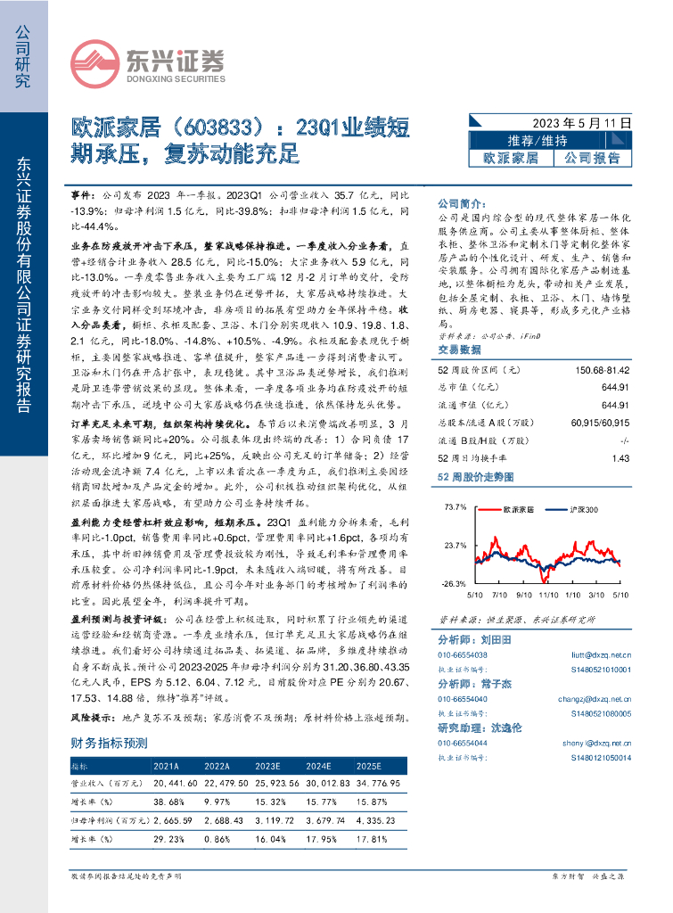 东兴证券：欧派家居（603833）-23Q1业绩短期承压，复苏动能充足