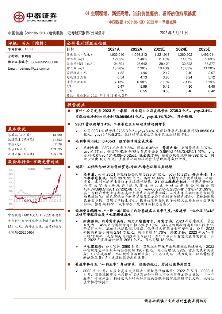 中泰证券：中国铁建（601186）-2023年一季报点评：Q1业绩稳增、新签高增，当前价值低估、看好估值持续修复