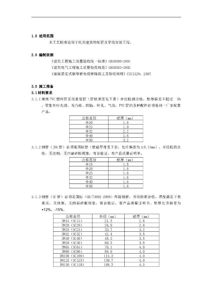 电气配管配线安装工程工艺及质量标准