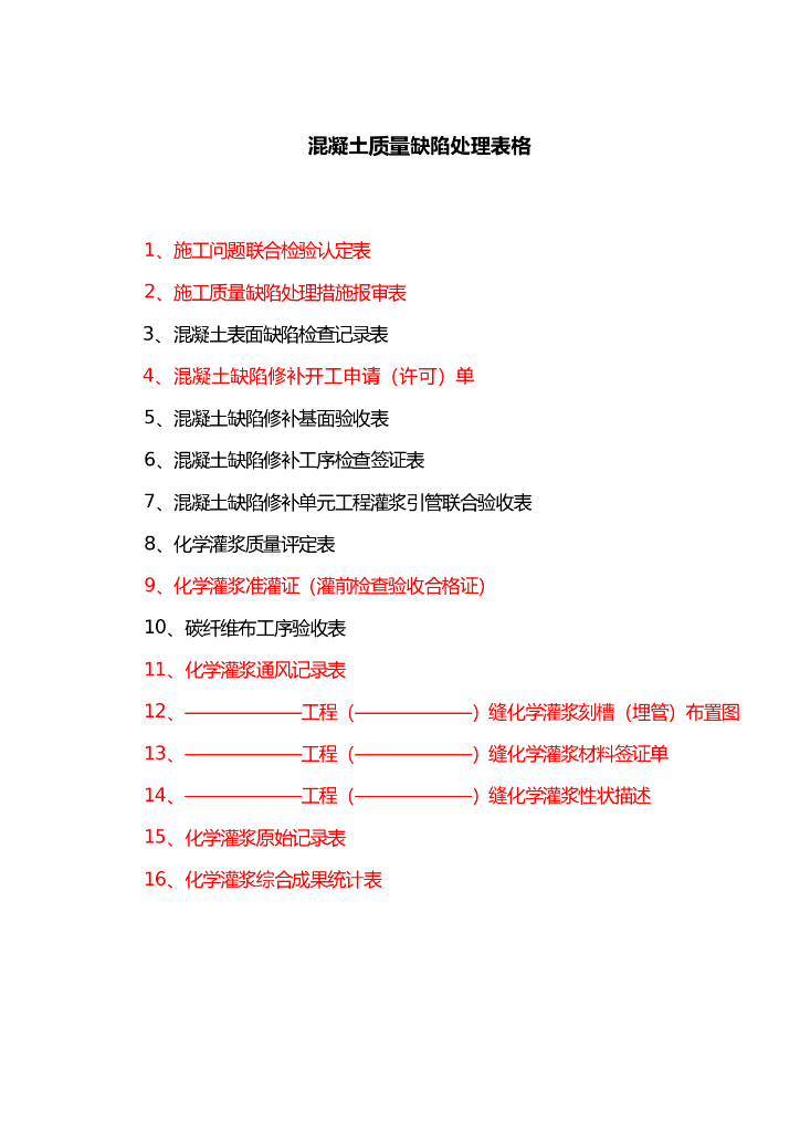 混凝土质量缺陷处理表格