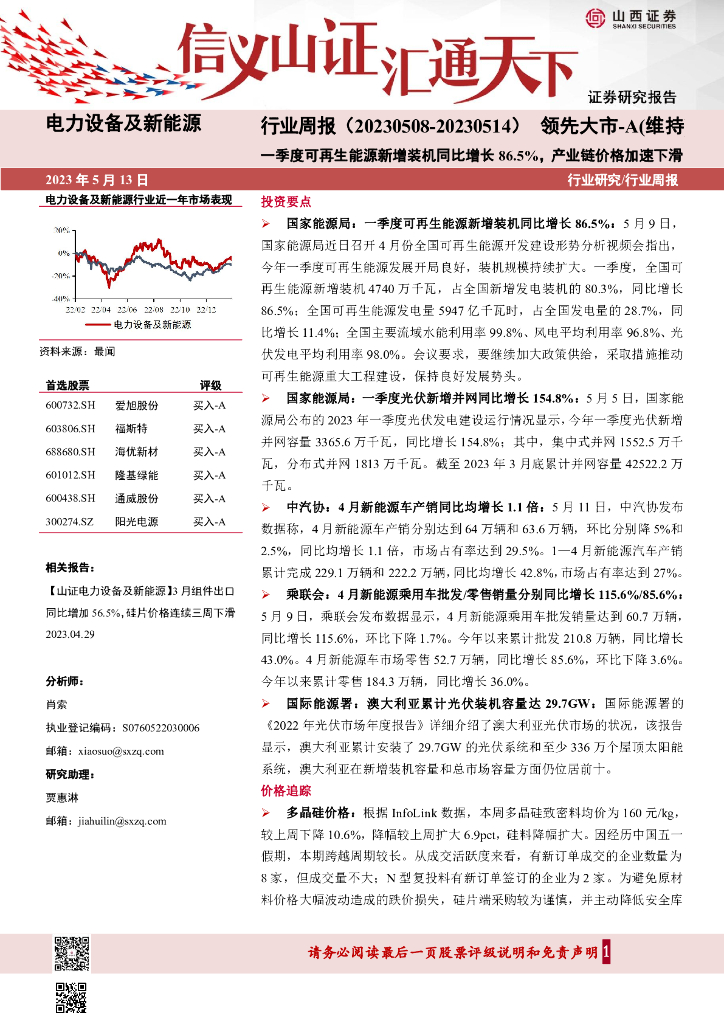 山西证券：电力设备及新<em>能源</em>行业周报：一季度可再生<em>能源</em>新增装机同比增长86.5%，产业链价格加速下滑 海报