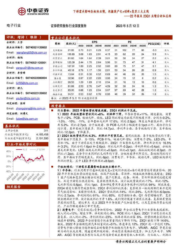 中泰证券：电子行业22年报及23Q1业绩分析和总结：下游需求影响各板块业绩，把握国产化+创新+复苏三大主线 海报