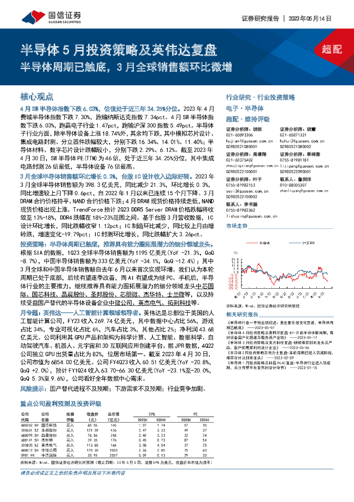 国信证券：半导体5月投资策略及英伟达复盘：半导体周期已触底，3月全球销售额环比微增